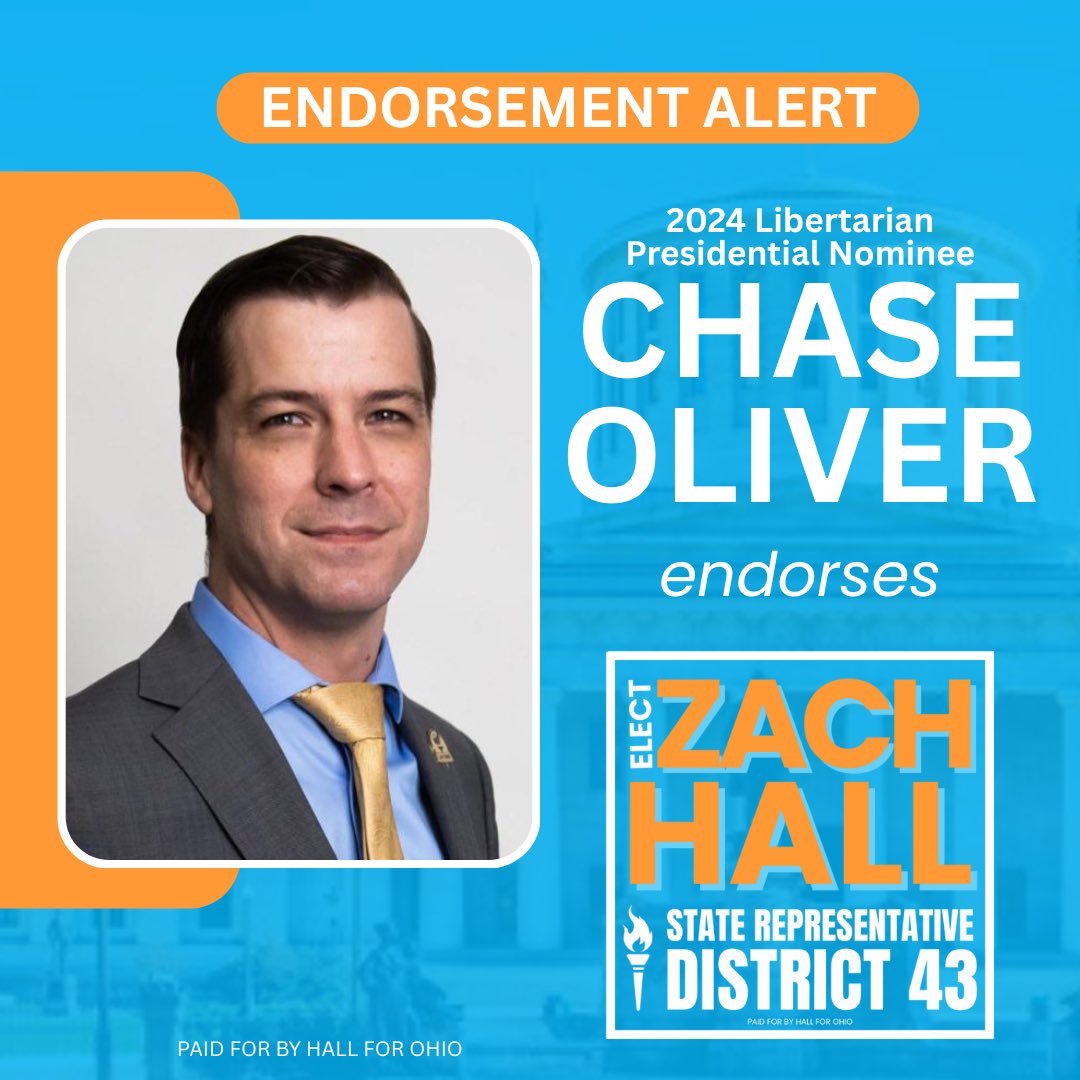 ZachForLiberty's tweet image. I’m honored to have the support of @ChaseForLiberty, the Libertarian Party’s 2024 presidential nominee, in my campaign for Ohio House District 43.
Chase has been a tireless advocate for liberty, individual rights, and breaking the two-party stranglehold on our government. His…