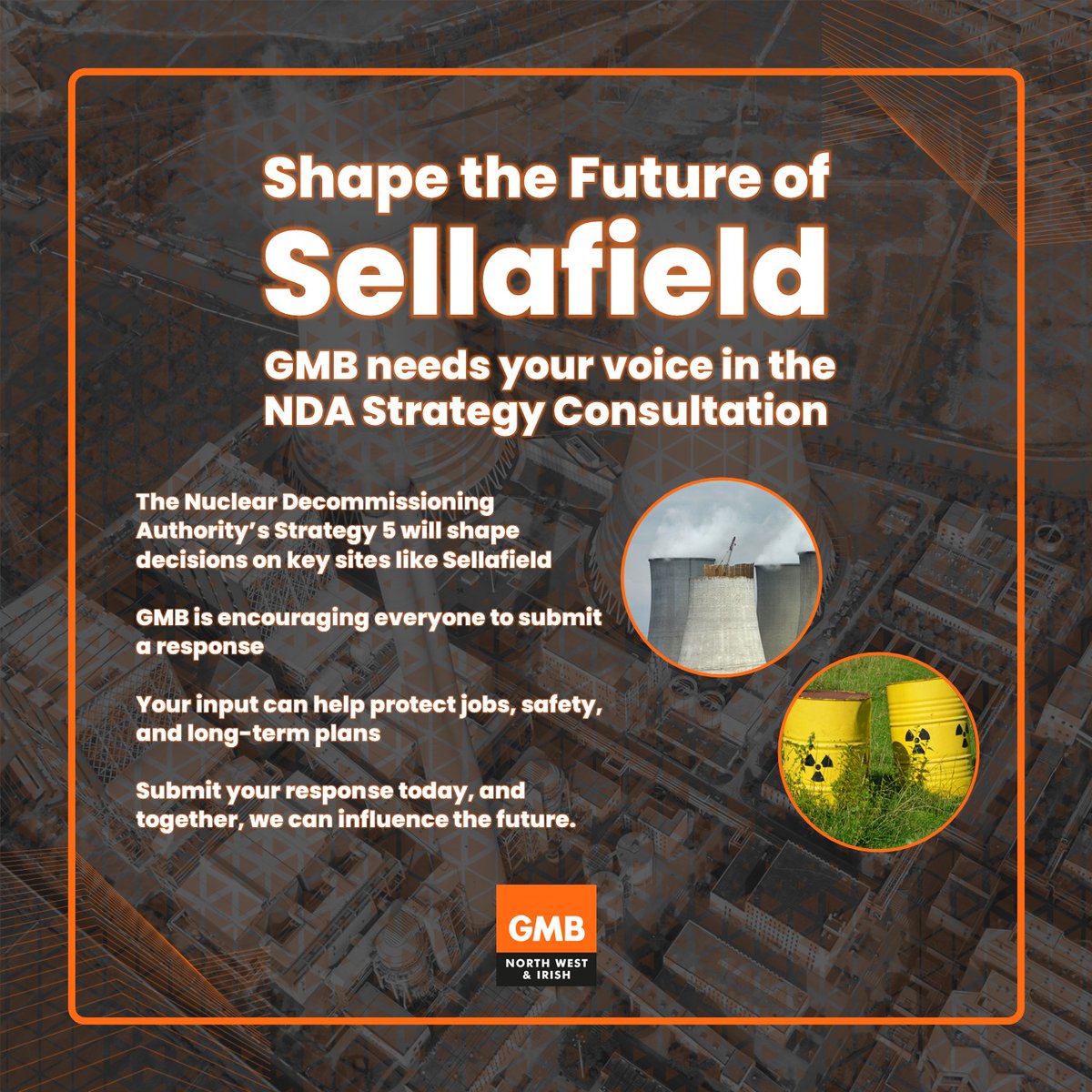 GMBNWI's tweet image. 🚨 GMB MEMBERS: HAVE YOUR SAY!
The NDA’s Strategy 5 will shape the future of #Sellafield, and GMB urges you to respond.
📣 Let’s make sure workers’ voices are heard.
👉 Full info:
gov.uk/government/con…