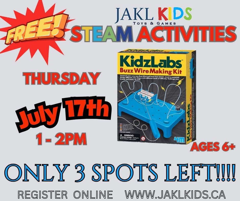 JAKL_KIDS's tweet image. JAKL KIDS is offering FREE STEAM Activities this summer! We have 3 spots left for this weeks Buzz Wire Activity. Register online at JAKLKIDS.ca  #jaklkids #freeforkids #steamactivity