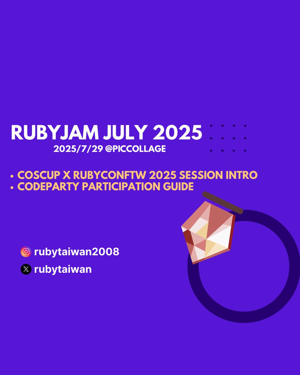 Ruby Taiwan (@rubytaiwan) on Twitter photo #RubyJam July 2025! Join us 7/29 (Tue) at <a href="/PicCollage/">PicCollage</a> Office for an interactive Ruby meetup. Highlights: @COSCUP x RubyConfTW 2025 talks & CodeParty guide! Connect, learn, grow. 🔗 rubytaiwan.kktix.cc/events/rubyjam… #RubyJam July 2025! Join us 7/29 (Tue) at <a href="/PicCollage/">PicCollage</a> Office for an interactive Ruby meetup. Highlights: @COSCUP x RubyConfTW 2025 talks & CodeParty guide! Connect, learn, grow. 🔗 rubytaiwan.kktix.cc/events/rubyjam…