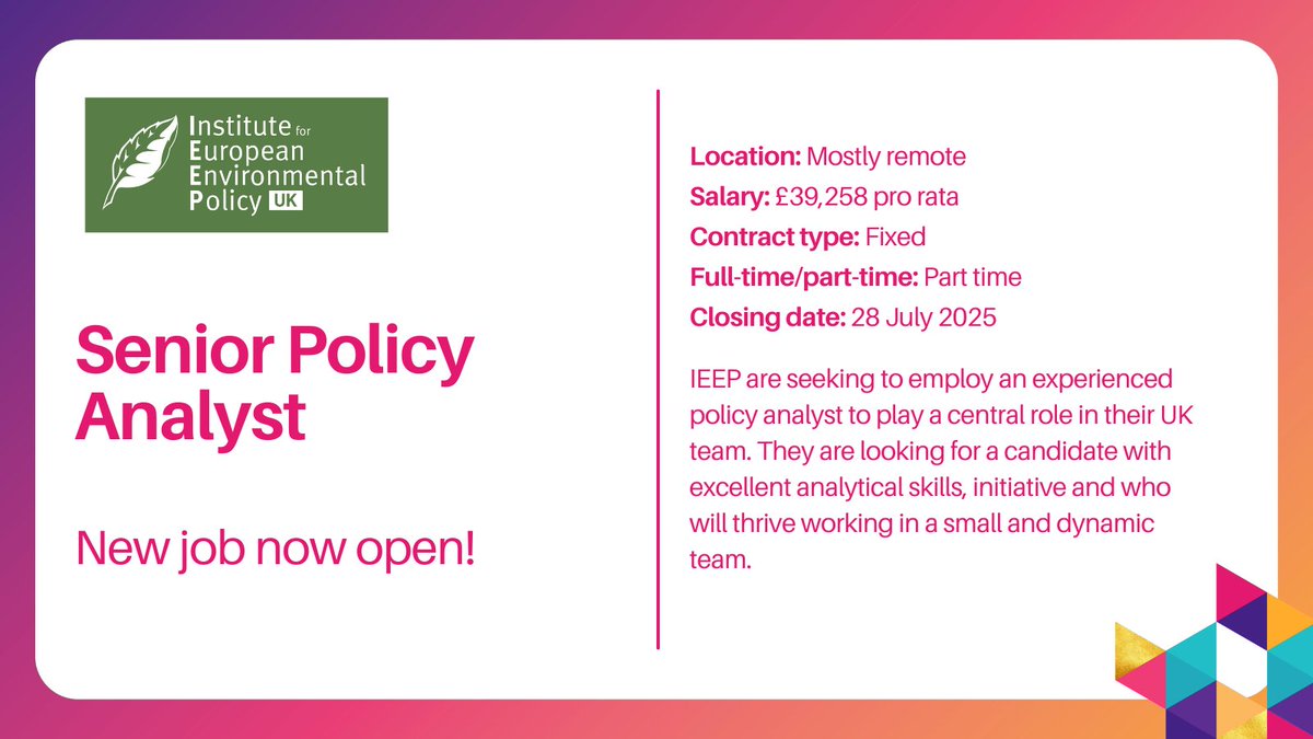 SmartThinktanks's tweet image. New Senior Policy Analyst role now open! @IEEP_uk are looking for someone with excellent analytical skills, who takes the initiative, to join them for an initial 1 year contract to work on Air Quality, building on a track record of work.
Find out more: bit.ly/3UhLaGw