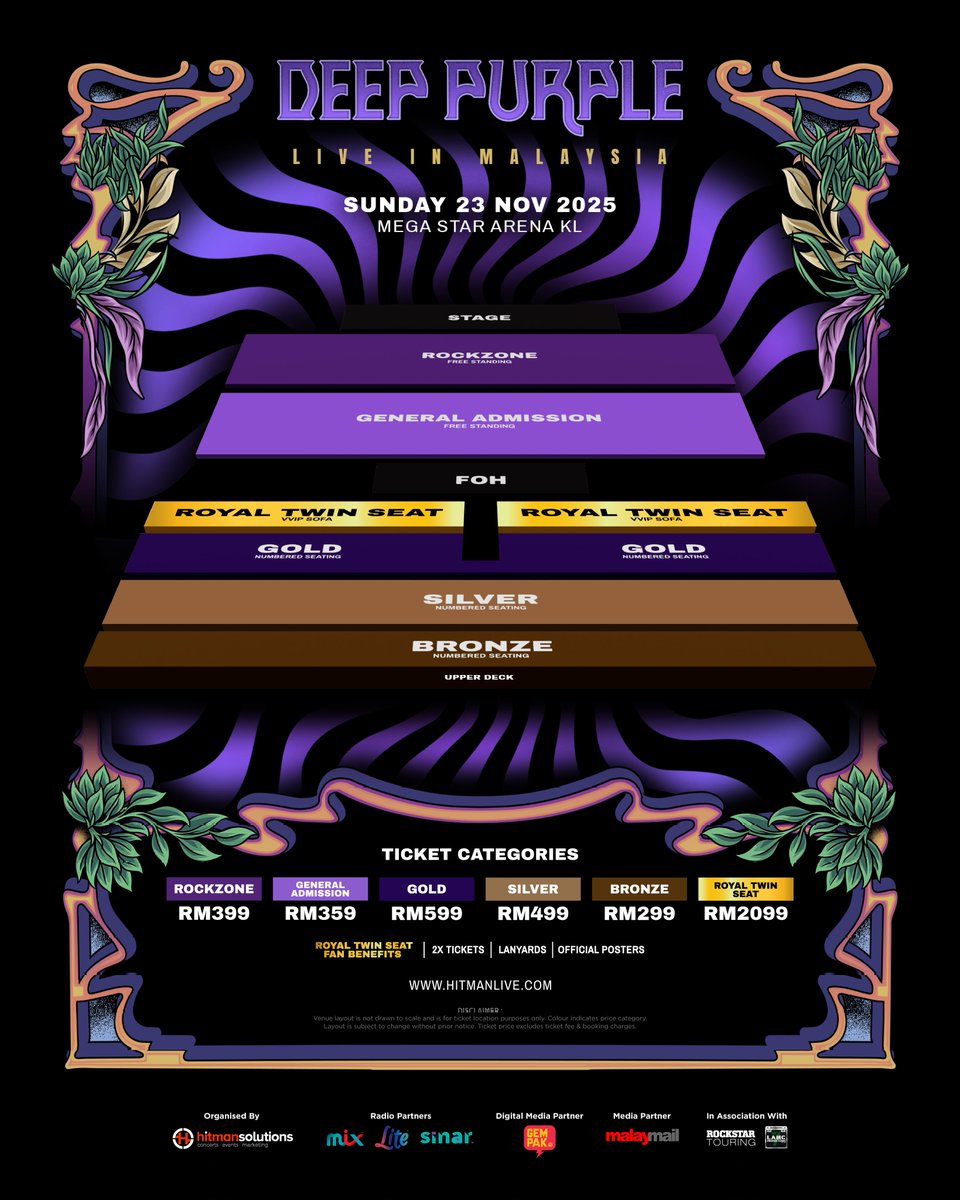 DEEP PURPLE LIVE IN MALAYSIA

🗓️ 23 November 2025
📍 Mega Star Arena, Kuala Lumpur

🎟️ RM299, RM359, RM399, RM499, RM599, RM2099
🔗 hitmanlive.com

⚠️ Tickets available on 30 July (12PM)
The only show in south east Asia.