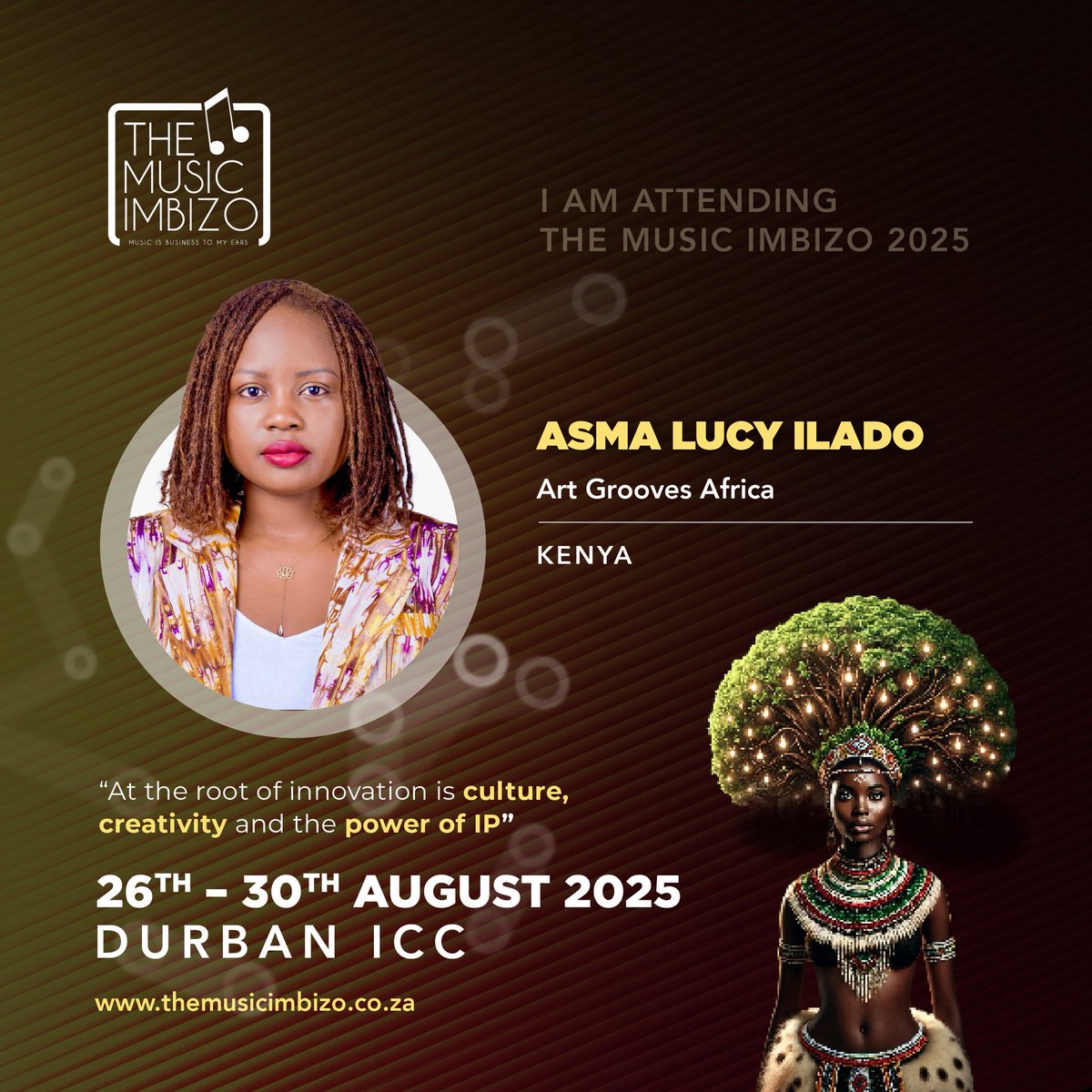 <a href="/IladoKE/">Lucy Asma Ilado</a> founder of Art Grooves Africa is heading to #TheMusicImbizo2025 in Durban!She’s a leading voice in African arts, driving culture, creativity &amp; IP advocacy across the continent.

📅 26–30 Aug | 📍Durban ICC

🔗 For more: themusicimbizo.co.za/team-member/as…
