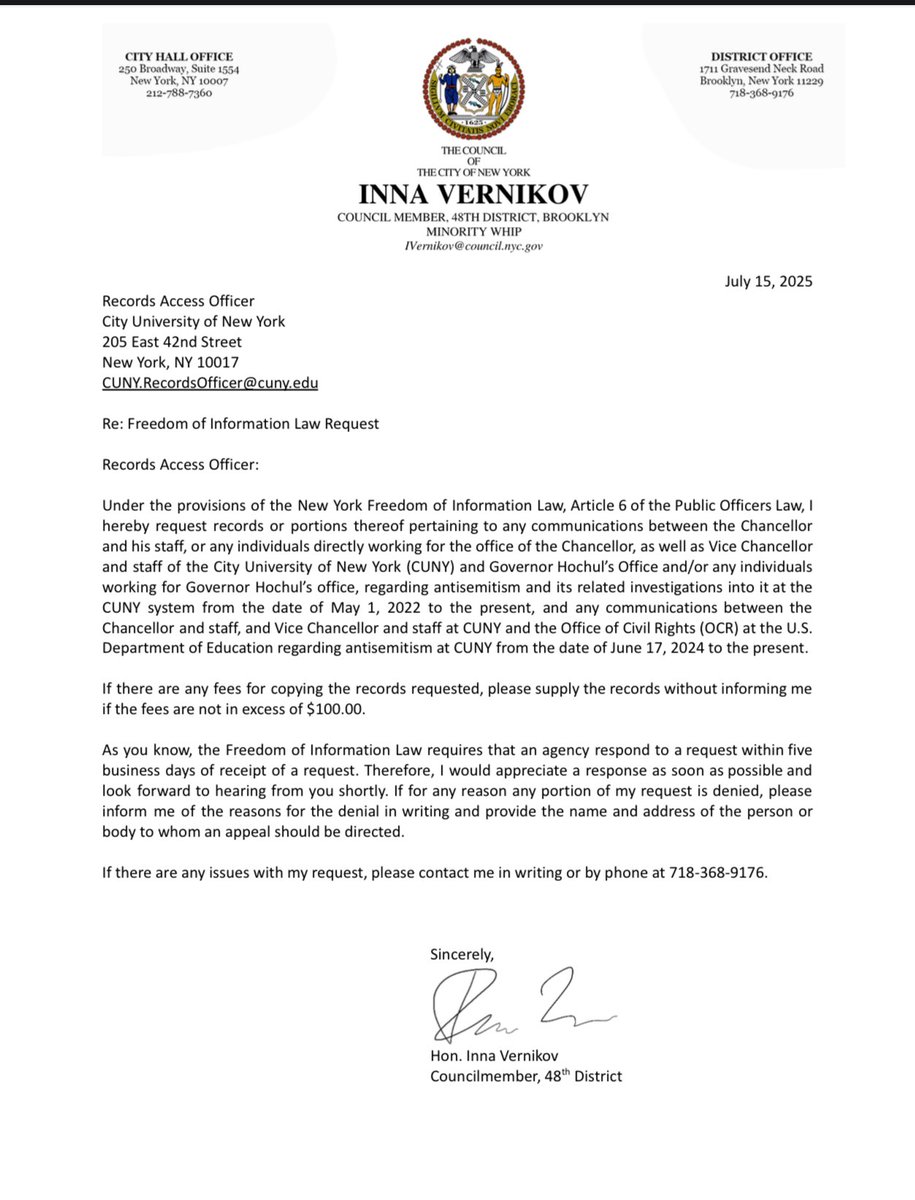 InnaVernikov's tweet image. SHOW US THE TRUTH: This morning, I filed a FOIL request for all communications between @ChancellorCUNY, @GovKathyHochul and OCR staff about antisemitism on CUNY campuses.
We want to see ANY coverups. Let’s find out what they’re hiding.