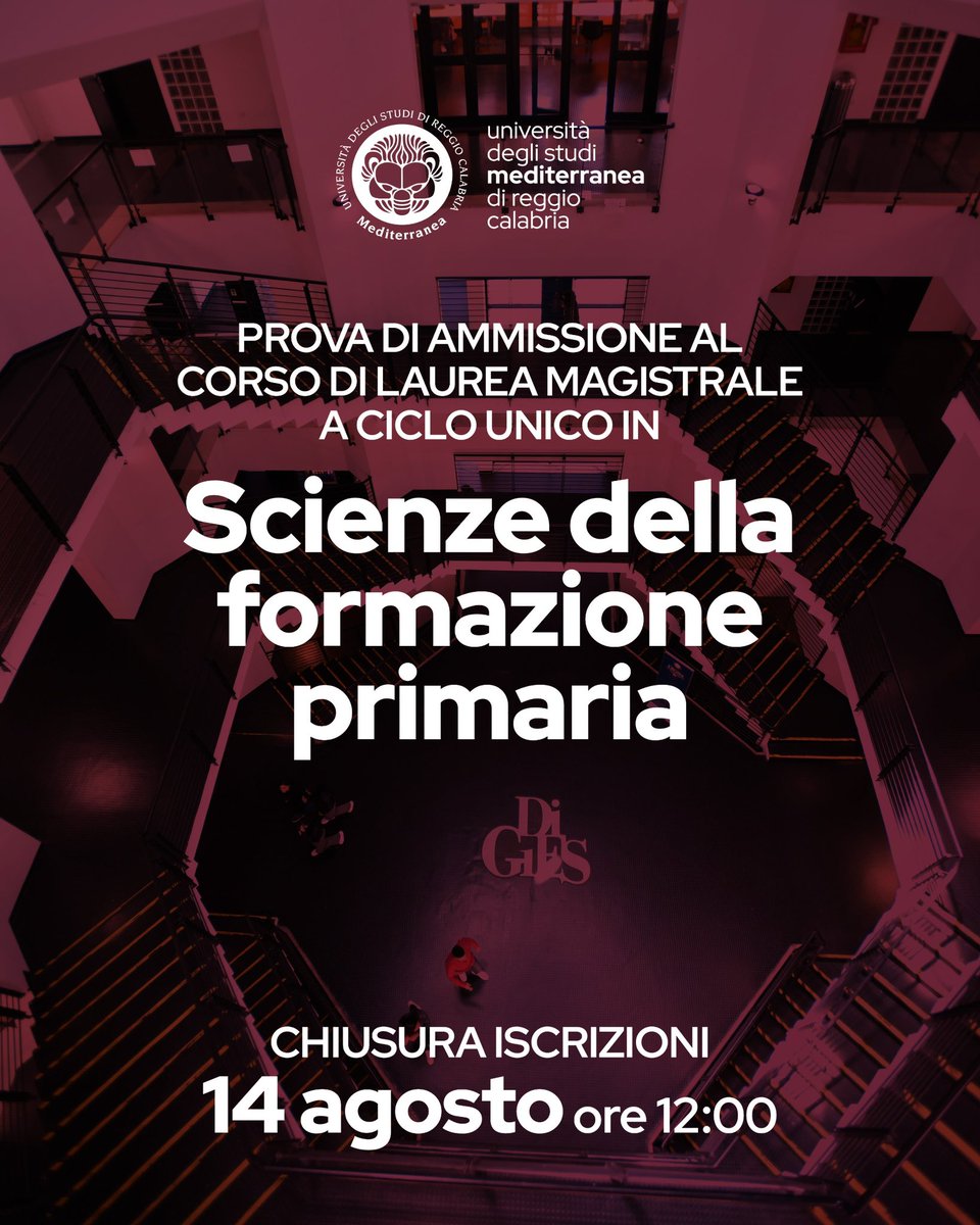 Pubblicato il bando di concorso per l’ammissione al corso di laurea magistrale a ciclo unico in Scienze della Formazione Primaria (LM-85 bis) 2025/2026.
La domanda di iscrizione alla prova di ammissione deve essere compilata sulla piattaforma ESSE3 unirc.esse3.cineca.it/Root.do