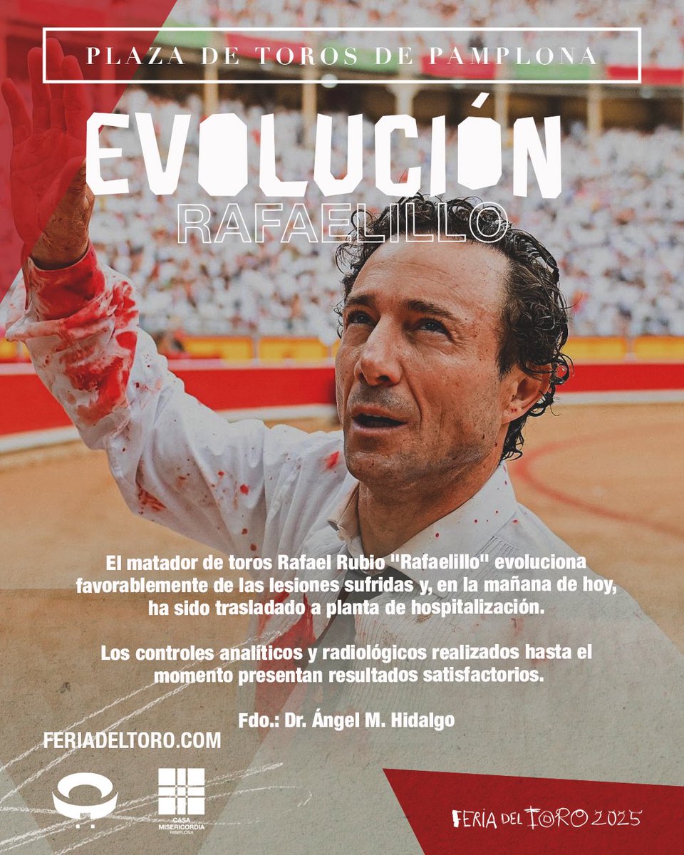 [ 🏥 𝗘𝗩𝗢𝗟𝗨𝗖𝗜𝗢́𝗡 ] 

𝗥𝗮𝗳𝗮𝗲𝗹𝗶𝗹𝗹𝗼 evoluciona favorablemente y ya ha pasado a planta

Los controles analíticos y radiológicos son satisfactorios, según el parte médico firmado por el Dr. Hidalgo

¡Ánimo, torero! 💪🏼