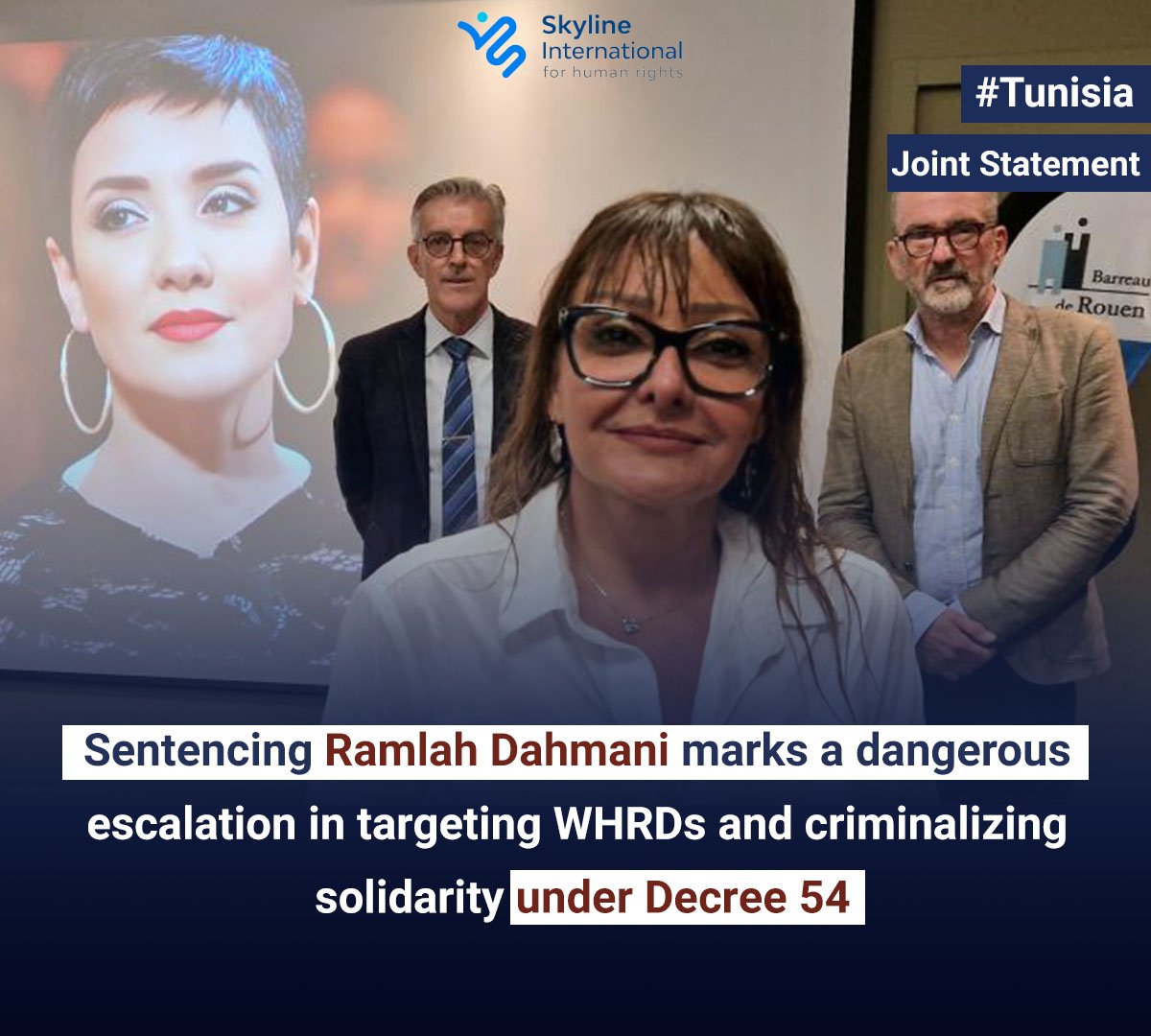 skylineforhuman's tweet image. #Tunisia 🇹🇳: We, along 10 rights groups, condemn Tunisia’s 2-year sentence against WHRD Ramlah Dahmani under Decree 54.
Her “crime”? Speaking out about abuses against her sister, lawyer #Sonia_Dahmani. This is judicial harassment, plain & simple.
skylineforhuman.org/en/news/detail…