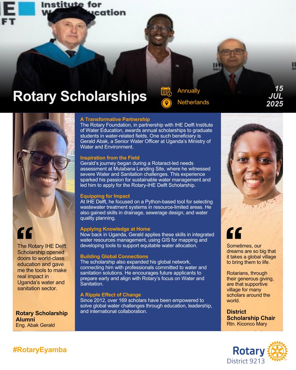 The Rotary-IHE Delft Scholarship helps people like Gerald Abak get skills to solve real water problems.

He now uses what he learned to improve clean water and sanitation in Uganda.

You don’t need to be a Rotarian to apply, just care about clean water!

#RotaryEyamba