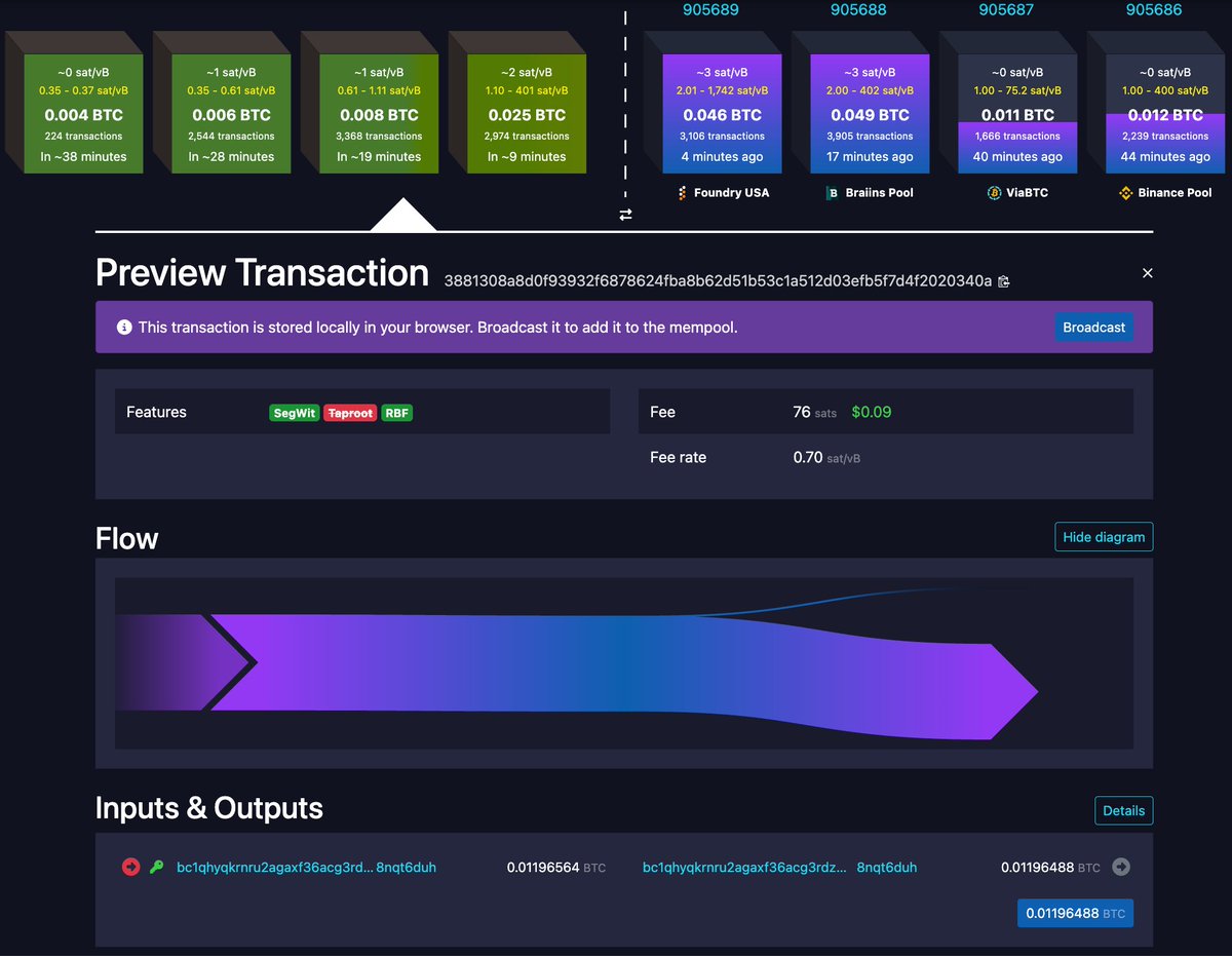 lifofifo's tweet image. GM โ๏ธ
Did you know @mempool lets you preview a TX before broadcasting?
โ mempool.space/tx/preview
Great feature that could come in handy when you're generating TX with a script or a tool such as our TX Builder.