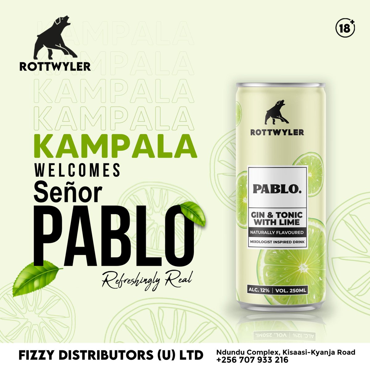 #Ad
Kampala, say hello to your new favorite sip! 🍋🍸 Señor PABLO has landed with that gin &amp; tonic twist refreshingly real and ready to take over the city!

Available now via Fizzy Distributors (U) Ltd
📍Ndundu Complex, Kisaasi-Kyanja Road
📞 +256 707 933 216
 #RottwylerDrinks