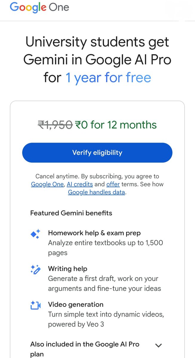 All Students in India, Google is giving FREE Gemini Ai Pro upgrade worth ₹19,500 for one year. 

Claim and get free access to Veo 3, Gemini in Google apps, and 2TB storage 🔗 goo.gle/freepro