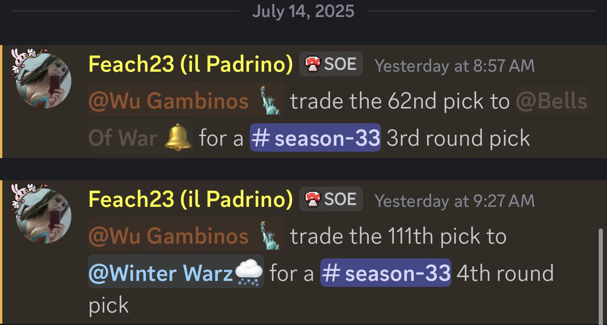 Devoo (@devoosold) on Twitter photo The Wu Gambinos have made the following trades in <a href="/StatenIsland2K/">Staten Island Basketball Association (SIBA)</a> for season 33 (the first season of the new 2k cycle). Our arsenal is equipped with multiple top 3 round picks. We will be aggressive in our approach to bring in top tier talent. The Wu Gambinos have made the following trades in <a href="/StatenIsland2K/">Staten Island Basketball Association (SIBA)</a> for season 33 (the first season of the new 2k cycle). Our arsenal is equipped with multiple top 3 round picks. We will be aggressive in our approach to bring in top tier talent.