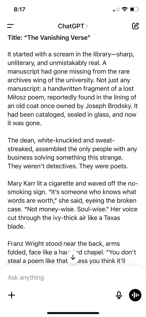 travisddaniel's tweet photo. @marykarrlit 
I needed a break so I asked Chat GBT to “Create a short story about the following writers solving a mystery: Mary Karr, Franz Wright, Czesław Miłosz, Richard Hugo and Flannery O’Connor.” I like that it made you the lead sleuth. Thanks for all you do. https://t.co/PYhmDpahNf
