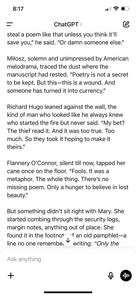 travisddaniel's tweet photo. @marykarrlit 
I needed a break so I asked Chat GBT to “Create a short story about the following writers solving a mystery: Mary Karr, Franz Wright, Czesław Miłosz, Richard Hugo and Flannery O’Connor.” I like that it made you the lead sleuth. Thanks for all you do. https://t.co/PYhmDpahNf