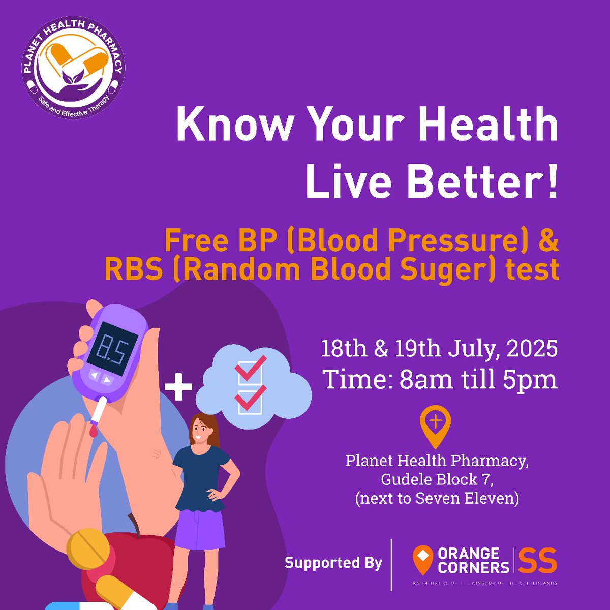 Orange Corners South Sudan (@orangecornersss) on Twitter photo Celebrating Impact & Entrepreneurship in Juba! 
FREE BP (Blood Pressure) & RBS (Random Blood Sugar) test:
🗓️ July 18th & 19th, 2025
⏰ 8:00 AM - 5:00 PM
📍 Planet Health Pharmacy, Gudele Block 7 (next to Seven Eleven) Celebrating Impact & Entrepreneurship in Juba! 
FREE BP (Blood Pressure) & RBS (Random Blood Sugar) test:
🗓️ July 18th & 19th, 2025
⏰ 8:00 AM - 5:00 PM
📍 Planet Health Pharmacy, Gudele Block 7 (next to Seven Eleven)