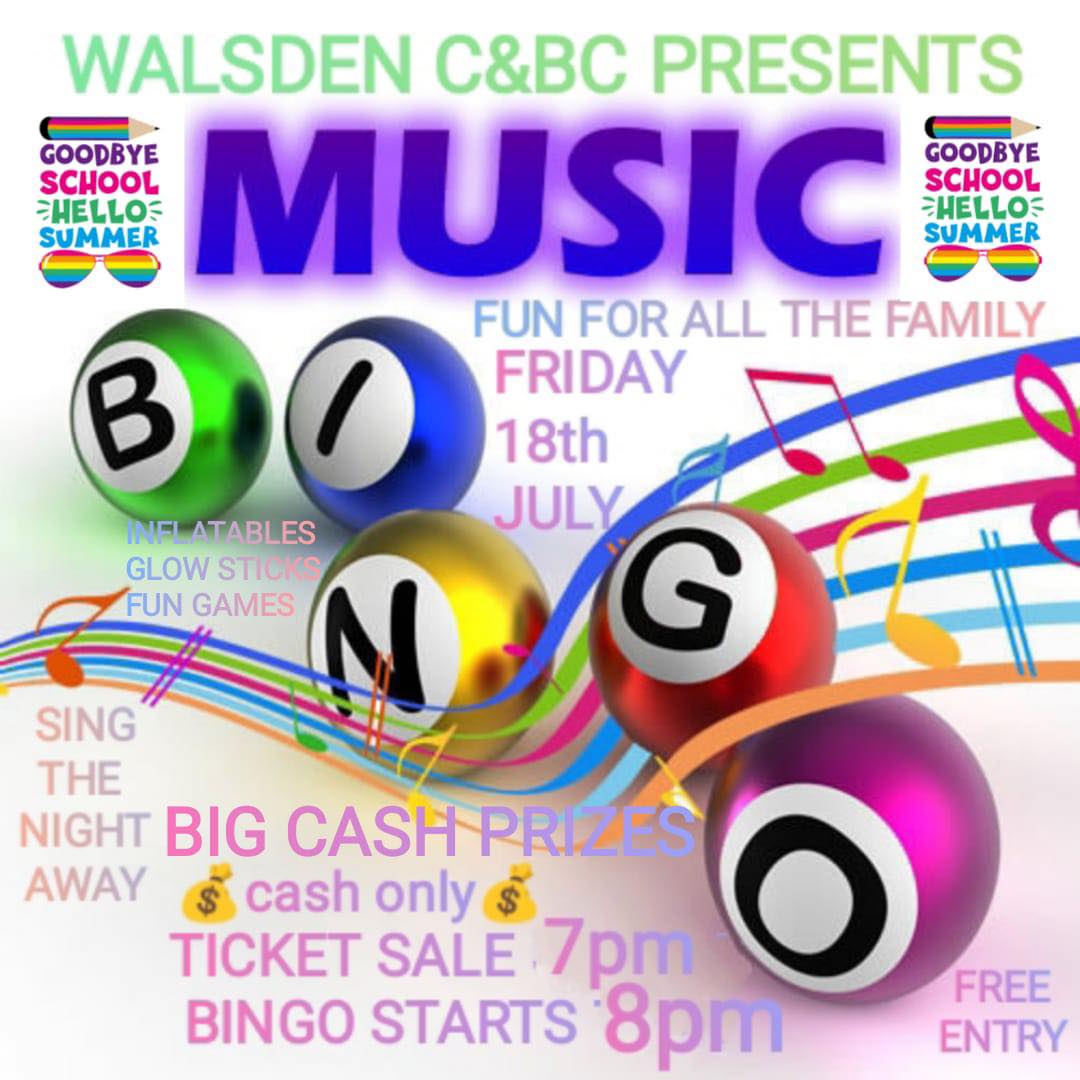 🎉🎶 SCHOOL'S OUT BINGO NIGHT! 🎶🎉

📅 Friday, 18th July
🕖 Ticket Sales @ 7PM
🎱 Bingo Starts @ 8PM
📍 FREE ENTRY

✨ What’s in store:
🎤 Music Bingo
💰 BIG Cash Prizes (Cash Only)
🧸 Inflatables &amp; Fun Games
🌟 Glow Sticks
🍬 Sweets, Food &amp; Drinks
🎁 Giveaways