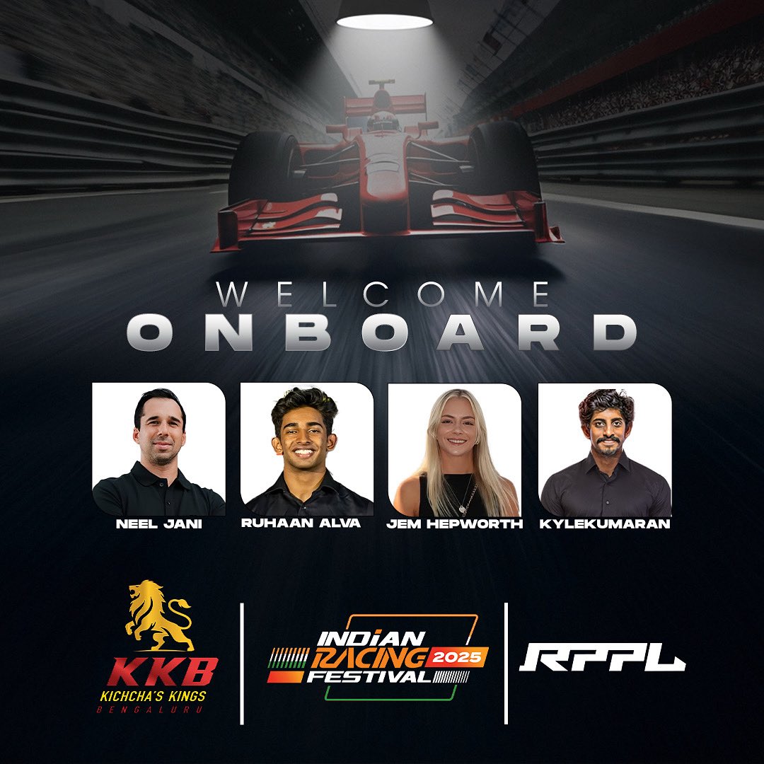 Meet the powerhouse squad! 💥 

<a href="/neeljani/">neel jani</a> , <a href="/RuhaanAlva/">Ruhaan Alva</a> , <a href="/RacingJem/">Jem Hepworth</a>  &amp; <a href="/KyleKumaran/">Kyle Aditya Kumaran</a> join Kichcha’s Kings Bengaluru for the Indian Racing Festival 2025. 

Welcome onboard, champs! 🏁🔥 #KKB #IRF2025 #WelcomeOnboard #RacingRoyals