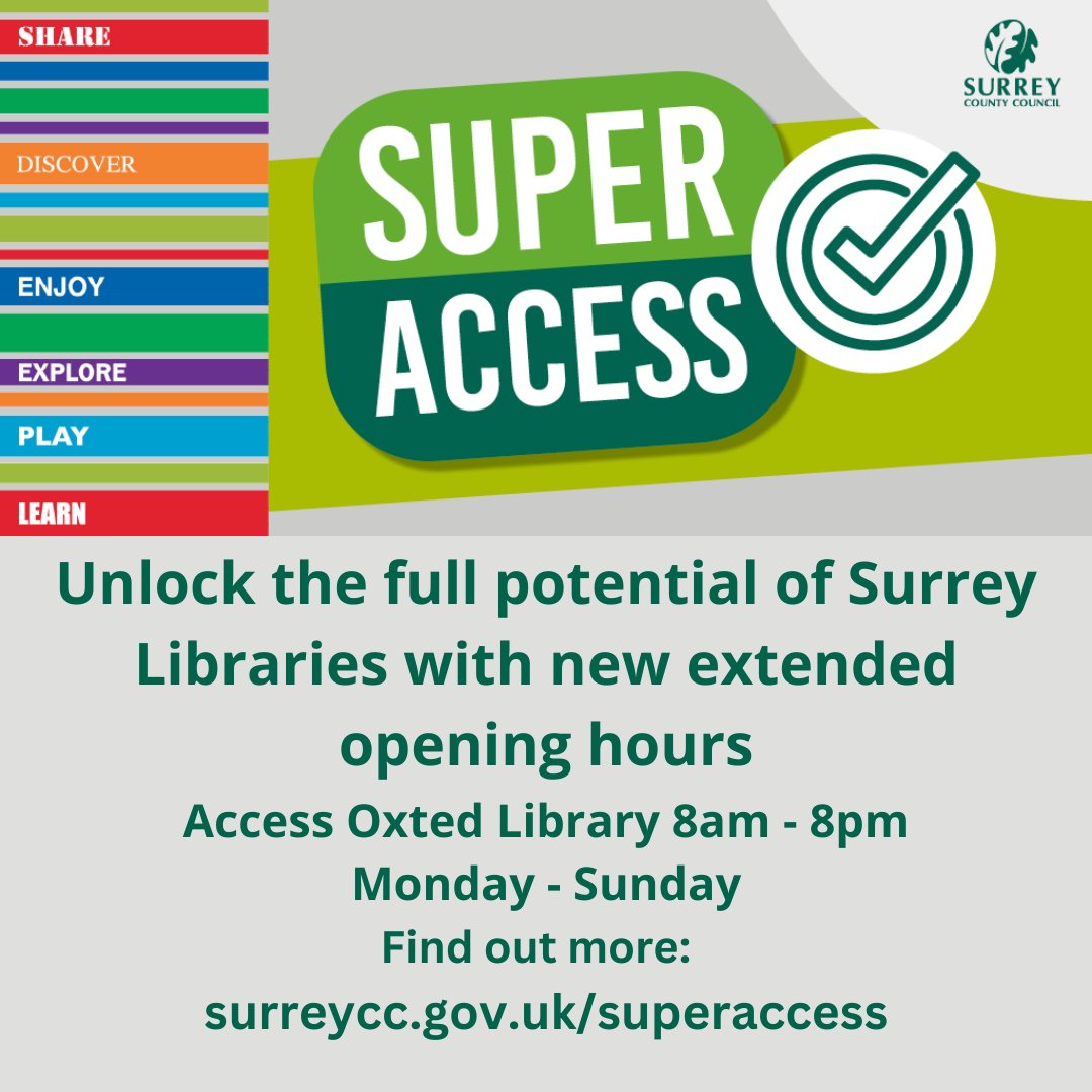 Oxted Library (@oxtedlibrary) on Twitter photo Super Access <a href="/OxtedLibrary/">Oxted Library</a> is often praised for extending library access beyond regular staffed hours, allowing members the convenience & flexibility of borrowing books, using computers & studying from 8am to 8pm. Haven't signed up yet? Find out more here tinyurl.com/39pb75xs Super Access <a href="/OxtedLibrary/">Oxted Library</a> is often praised for extending library access beyond regular staffed hours, allowing members the convenience & flexibility of borrowing books, using computers & studying from 8am to 8pm. Haven't signed up yet? Find out more here tinyurl.com/39pb75xs