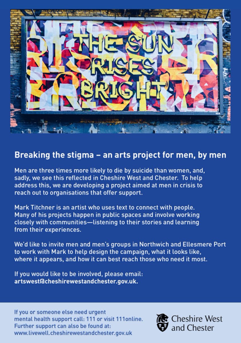 Healthbox CIC (@healthboxcic) on Twitter photo 🎨 Breaking the stigma – an arts project for men, by men.
Artist Mark Titchner invites men in Ellesmere Port & Northwich to share their voice.
📍 Northwich 16th July
📍 Whitby 17th July
⏲️ 2–3pm / 7–8pm
✉️ artswest@cheshirewestandchester.gov.uk
👉 livewell.cheshirewestandchester.gov.uk/support 🎨 Breaking the stigma – an arts project for men, by men.
Artist Mark Titchner invites men in Ellesmere Port & Northwich to share their voice.
📍 Northwich 16th July
📍 Whitby 17th July
⏲️ 2–3pm / 7–8pm
✉️ artswest@cheshirewestandchester.gov.uk
👉 livewell.cheshirewestandchester.gov.uk/support