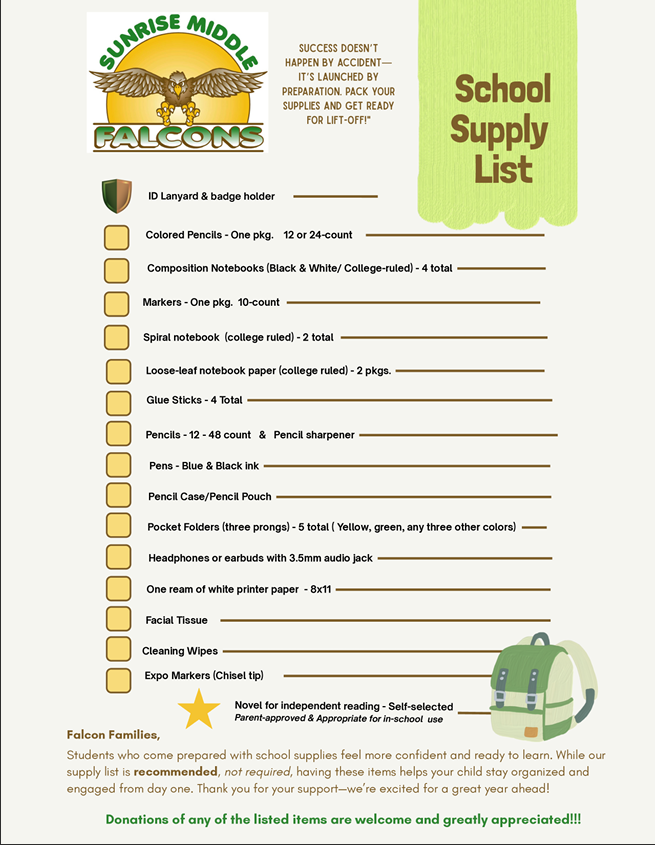 DrThaddiusGreen (@apthaddiusgreen) on Twitter photo Families, our 2025-2026 school supply list is now available to help you prepare for a successful year.
Thank you for partnering with us to ensure your student is ready to learn! <a href="/MrsWagner_AP/">Mrs. Wagner</a> <a href="/Ms_AAustin/">ππ. πππππΎπ</a> <a href="/AtwoodPrincipal/">Ryan Atwood</a> <a href="/SunriseFalcons/">Sunrise Middle School</a> Families, our 2025-2026 school supply list is now available to help you prepare for a successful year.
Thank you for partnering with us to ensure your student is ready to learn! <a href="/MrsWagner_AP/">Mrs. Wagner</a> <a href="/Ms_AAustin/">ππ. πππππΎπ</a> <a href="/AtwoodPrincipal/">Ryan Atwood</a> <a href="/SunriseFalcons/">Sunrise Middle School</a>
