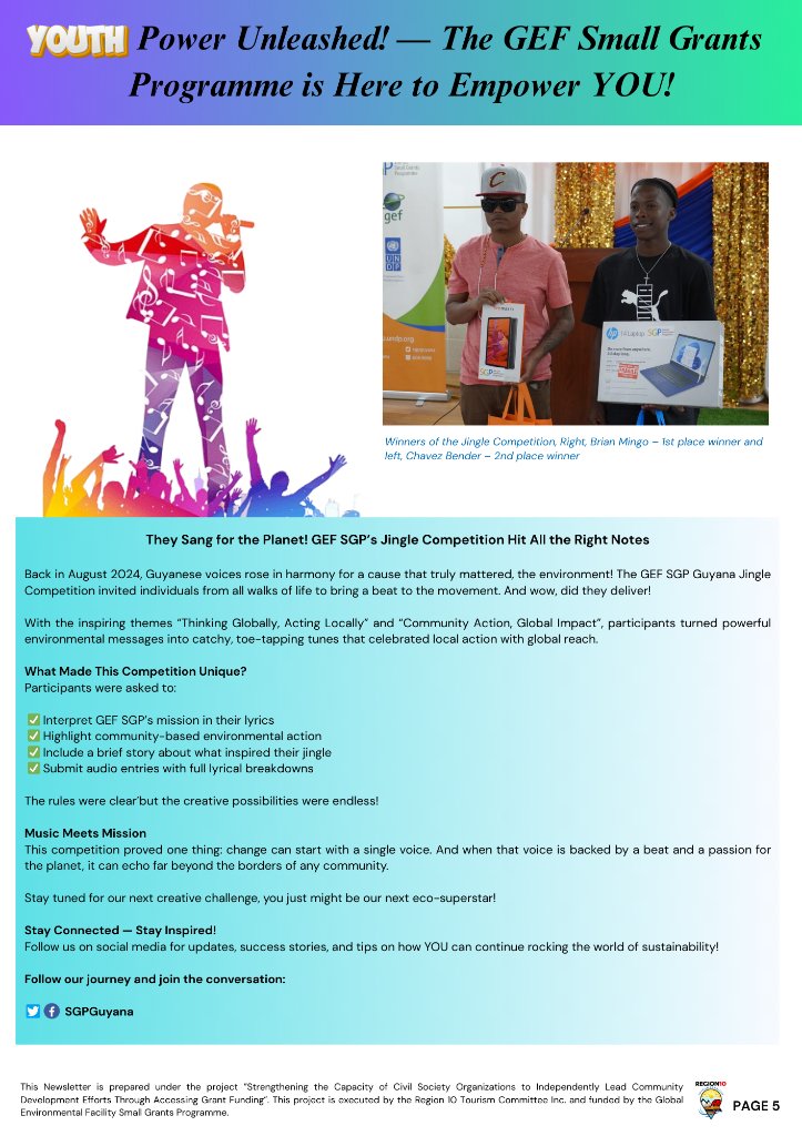 sgpguyana's tweet photo. 🎉Celebrating World Youth Skills Day with SGP’s 3rd newsletter!
🌿Youth-led:
 🎵 Jingle Competition
 🎨 Art for the Planet
 🌍Knowledge Fair
Empowering young voices for a sustainable future. 💪🌱
#SGPYouth #WorldYouthSkillsDay #YouthVoices @UNDPGuyana @UNGuyana https://t.co/NvMGzr1YrD