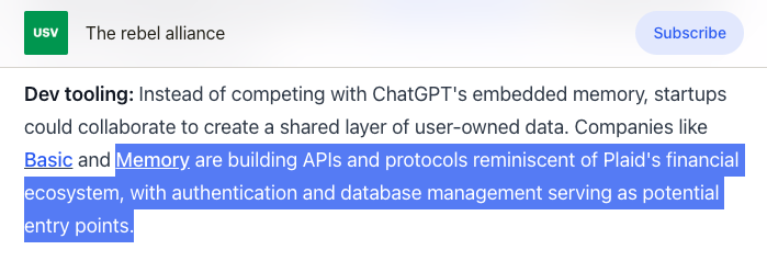 LLMs are better when they know more about us. 

The flipside is they build more leverage over locking us in with that knowledge.

<a href="/usv/">USV</a> wrote about the need for a Rebel Alliance to build the horizontal infrastructure for user data is now.