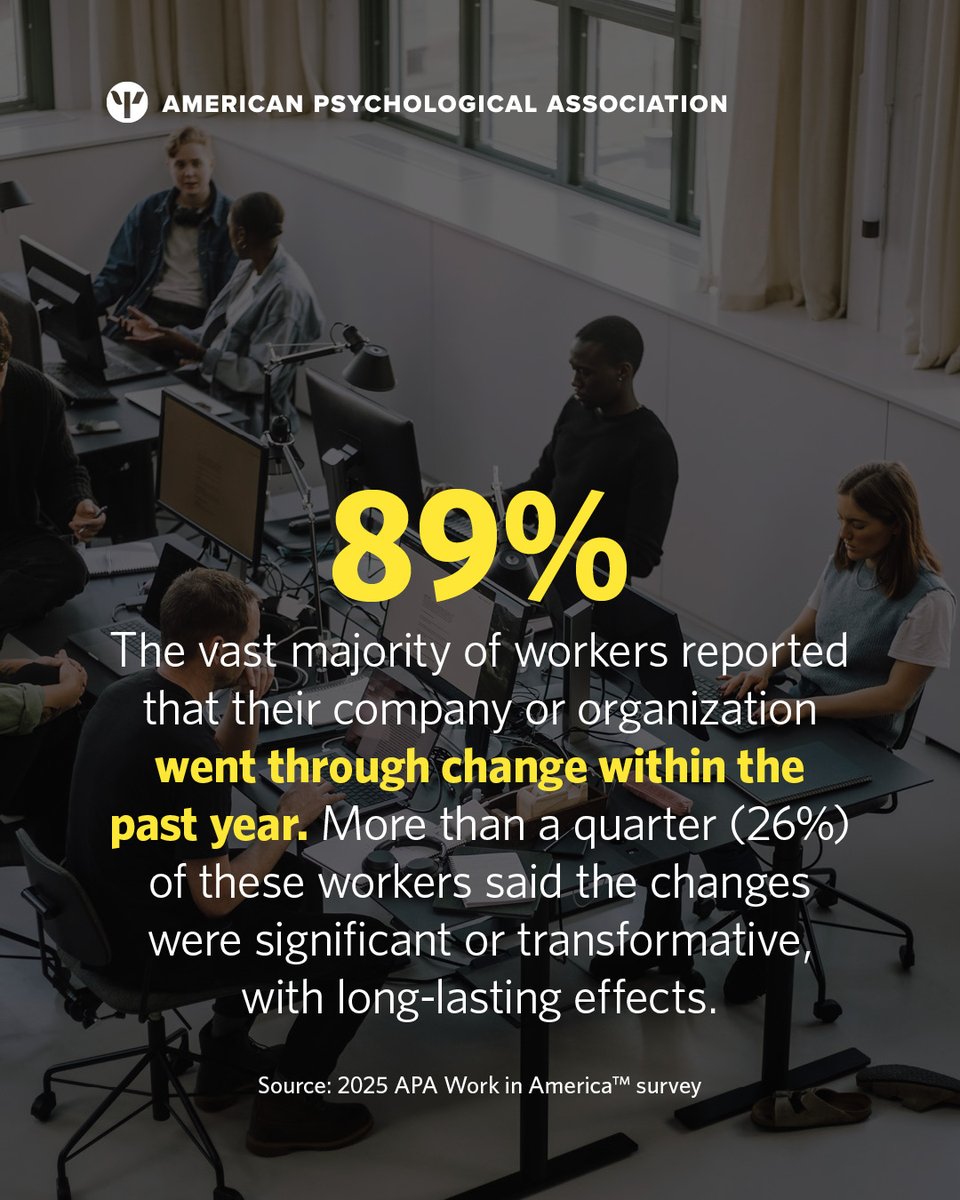 APA's tweet image. The way we work in America is changing. But technological, economic and political shifts don’t just affect how we work—they are also related to workers' well-being, according to APA's new #WorkInAmerica survey.
See the full report: at.apa.org/onr