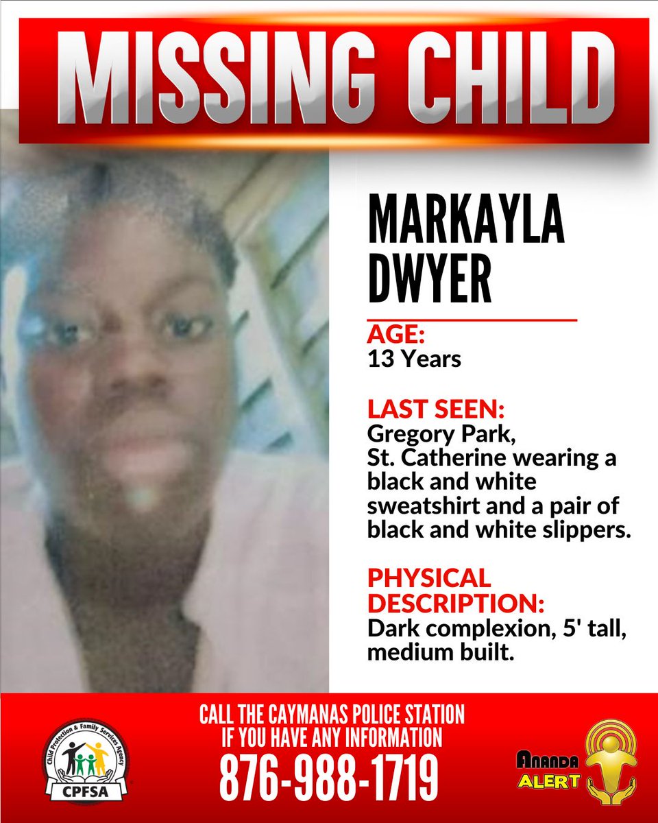 cpfsajm's tweet image. #AnandaAlert #FindMarkayla
Markayla Dwyer, a 13-year-old from Gregory Park, St. Catherine, has been reported missing. She was last seen on Thursday, July 10, 2025.
If you have any information that could assist in her safe return, contact the Caymanas Police or the CPFSA.