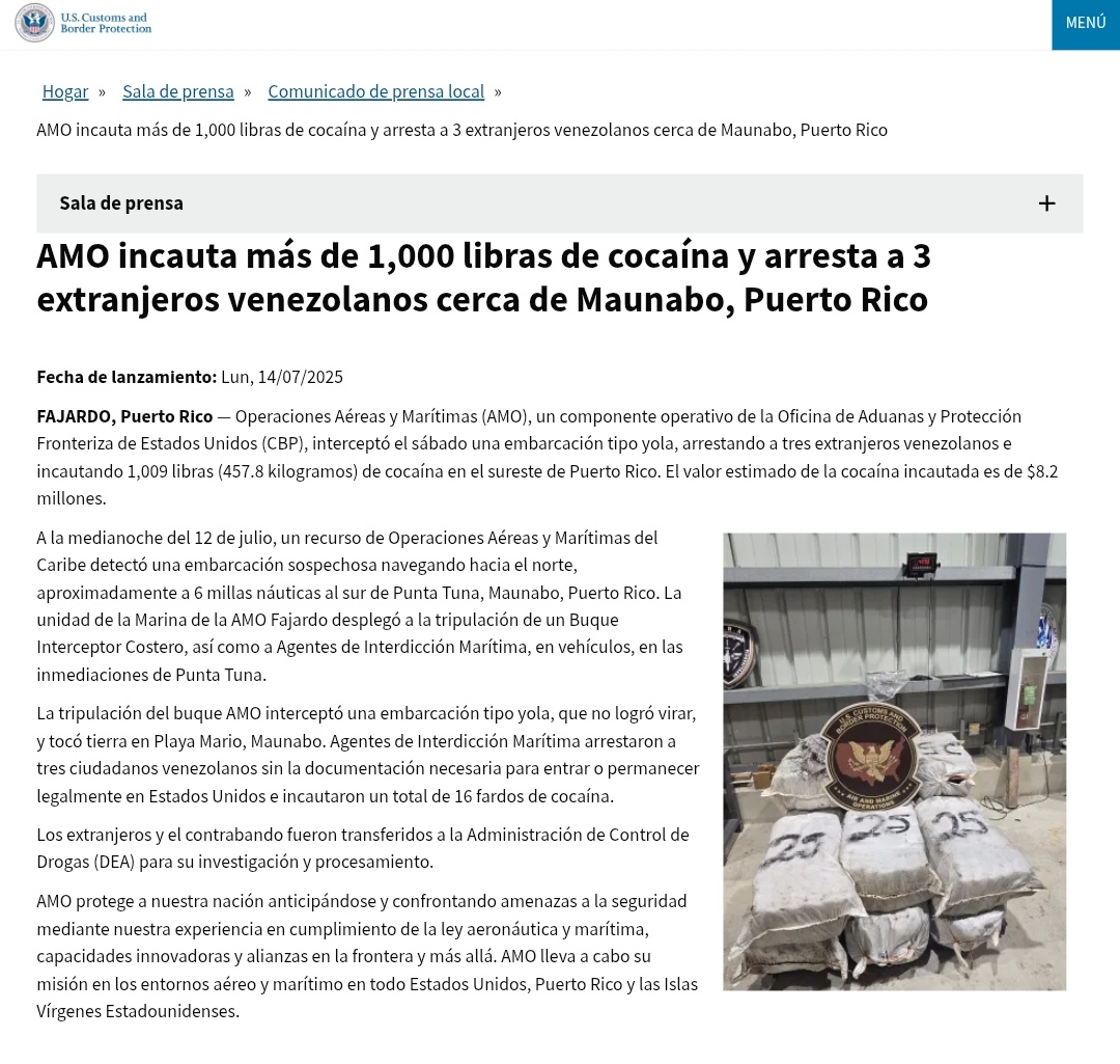 Un punto menos para el Cartel de Los Soles.
457kg de cocaína decomisados, valorados en $8.2 millones.
3 Venezolanos detenidos.