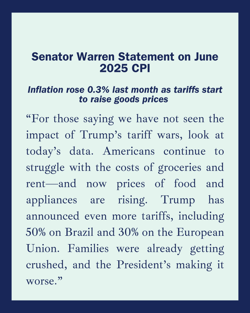 SenateBanking's tweet image. Ranking Member Warren's statement on June 2025 CPI: