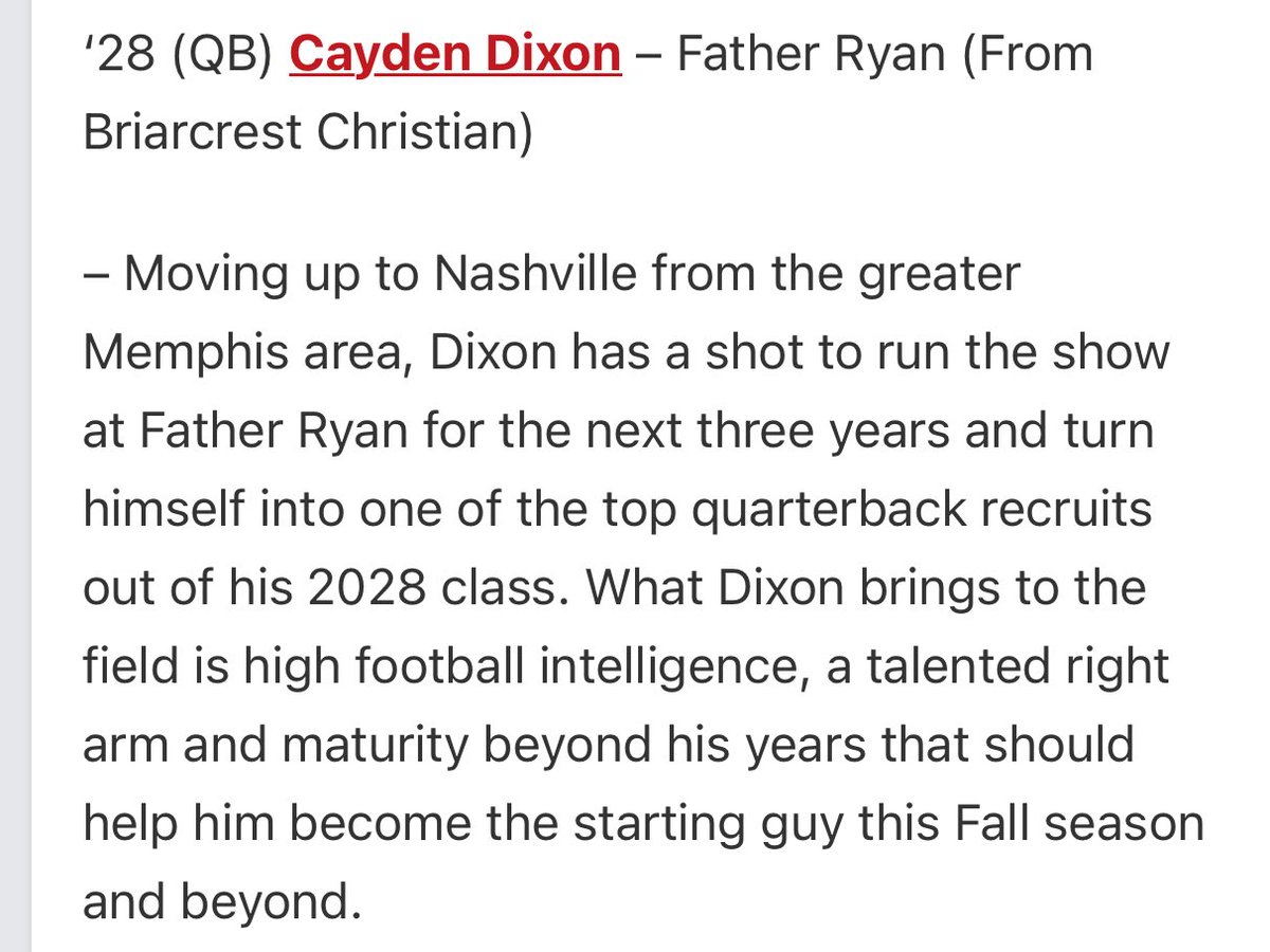 Cayden Dixon QB (@caydendixon8) on Twitter photo Grateful for the opportunity! Letโs get to work <a href="/FRHS_Football/">Father Ryan Football</a> <a href="/fatherryan/">Father Ryan High School</a> <a href="/ZachMett/">Zach Mettenberger</a> <a href="/CoachCurranFRHS/">Coach Curran</a> <a href="/deanlcokinos/">Coach Dean Cokinos</a> <a href="/Tennessean/">Tennessean</a> #AllBusiness #Classof2028
#QBJourney Grateful for the opportunity! Letโs get to work <a href="/FRHS_Football/">Father Ryan Football</a> <a href="/fatherryan/">Father Ryan High School</a> <a href="/ZachMett/">Zach Mettenberger</a> <a href="/CoachCurranFRHS/">Coach Curran</a> <a href="/deanlcokinos/">Coach Dean Cokinos</a> <a href="/Tennessean/">Tennessean</a> #AllBusiness #Classof2028
#QBJourney
