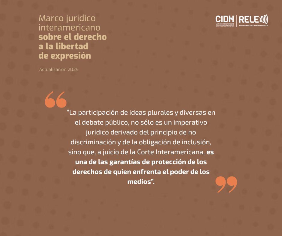 La actualización del #MarcoJurídico2025 reafirma que los Estados tienen la obligación de garantizar, proteger y promover el derecho a la #LibertadDeExpresión en condiciones de igualdad y sin discriminación.

Acceda al documento: oas.org/es/cidh/expres…