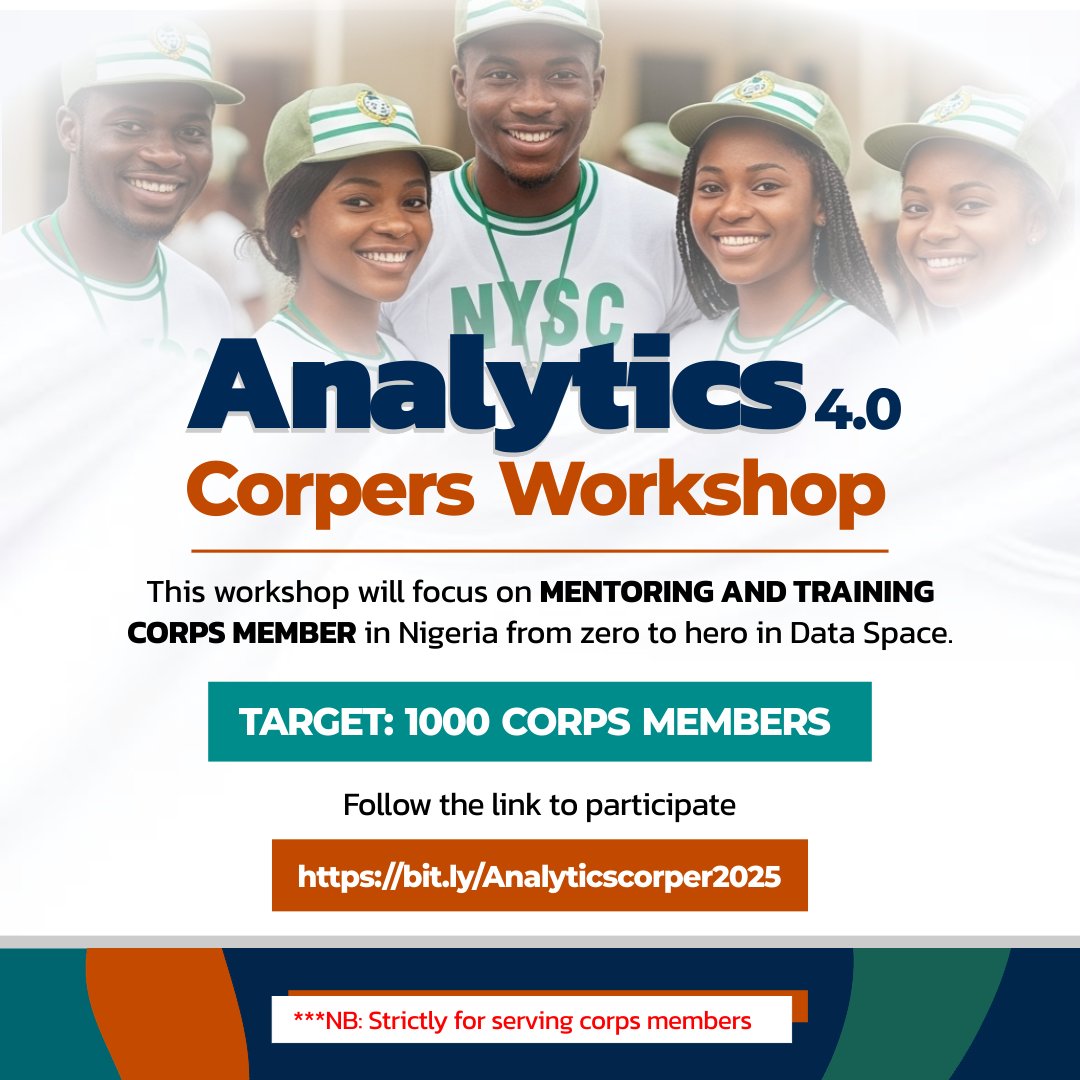 Analytics Corper Workshop 4.0 is here! 

We’ve empowered 3K+ corps members, with 300+ landing IT jobs. Now we're training another 1,000 for FREE

Learn Excel, Power BI, SQL, Microsoft Fabric
Reg ends Aug 20   🔗 bit.ly/Analyticscorpe…

#NYSC #AnalyticsCorper #DataAnalytics