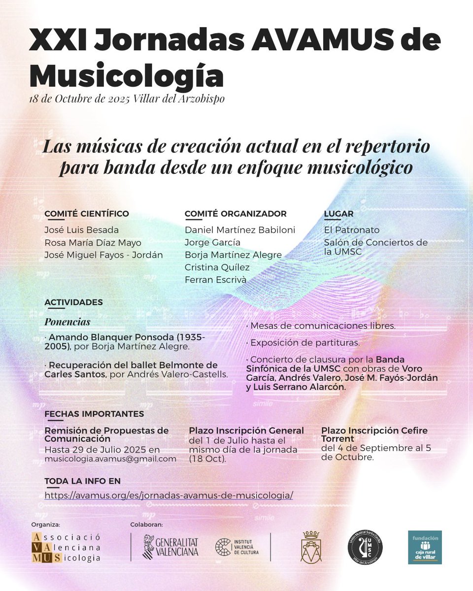 🎶 XXI Jornada de Musicología | AVAMUS
📅 18 octubre 2025
📍 Villar del Arzobispo (Valencia)
🗣️ Envío de propuestas abierto: música de creación actual para banda desde un enfoque musicológico.
📬 Hasta el 29/07
ℹ️ avamus.org
#musicología #bandas #AVAMUS2025