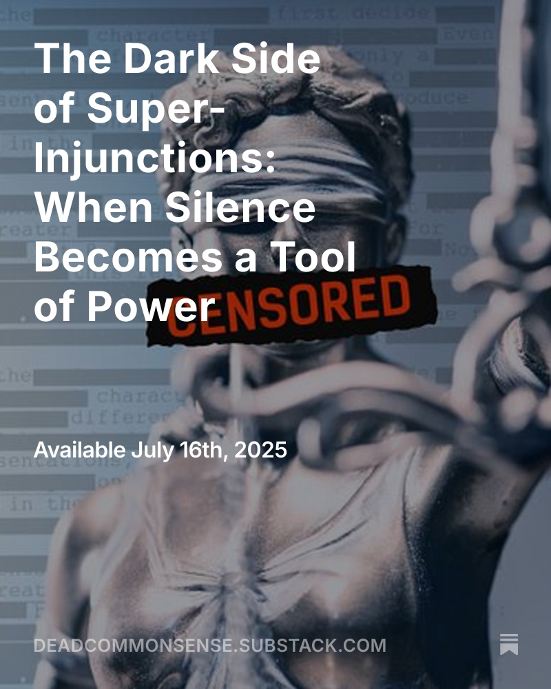 commonsense1191's tweet image. Coming tomorrow: Read and subscribe for free
It's time that super injunctions were re-evaluated and potentially banned altogether.
open.substack.com/pub/deadcommon…
