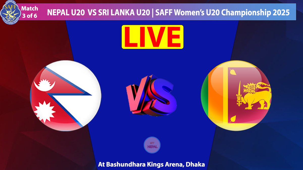 GOOD LUCK NEPAL WOMEN  U20
SAFF U20 WOMEN"S FOOTBALL
Nepal vs Sri Lanka- Match 3 of 6
Live Details:
Link1: bit.ly/Football-Match…
Link2: bit.ly/Cricket-Live-S…
Youtube1: youtube.com/live/8PHvw2wXg…
Youtube2: youtube.com/live/8PHvw2wXg…

Telegram: t.me/YT977Nepal
