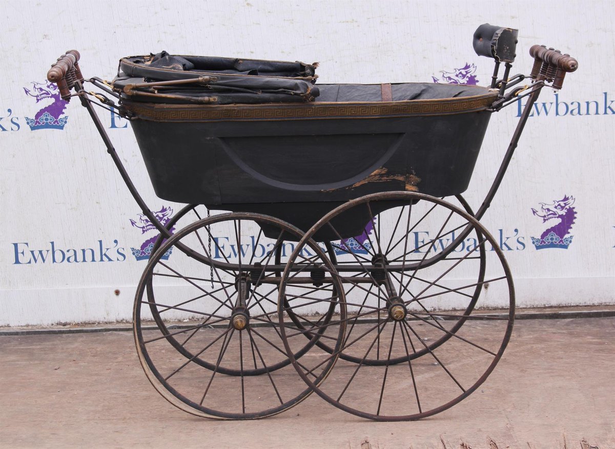 robertneuk's tweet image. A rare survivor coming to auction: an Edwardian pram, with a rising hood & twin wood handles, bearing a label, "J Turnbull 43 45 47 New Bridge Street, Newcastle on Tyne".
A perambulator warehouse at that address is listed in contemporary trade directories.
Images: Ewbank's