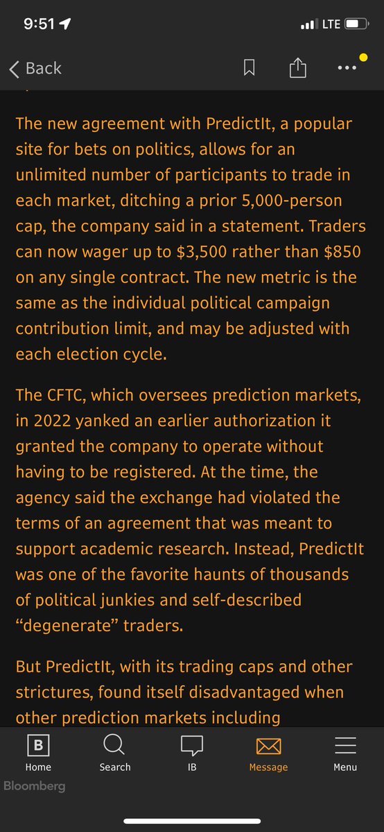 ElleBeyoud's tweet image. .@predictit and the CFTC have reached a new agreement to allow the politics-focused exchange to expand trading after a years-long legal fight, the company says.
More on @TheTerminal