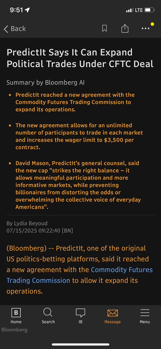 ElleBeyoud's tweet image. .@predictit and the CFTC have reached a new agreement to allow the politics-focused exchange to expand trading after a years-long legal fight, the company says.
More on @TheTerminal