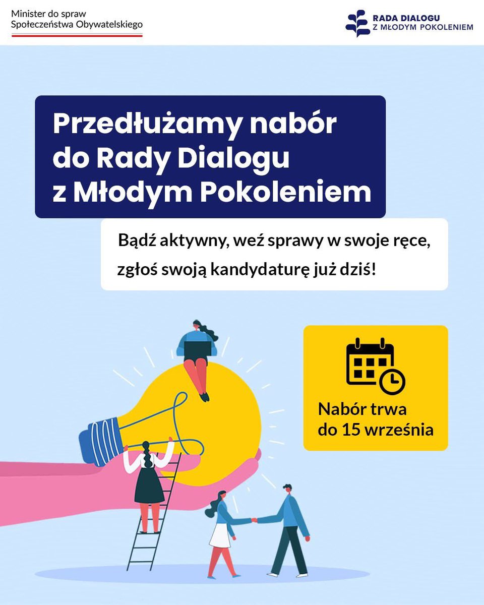 PorowskaAdriana's tweet image. ‼️ Ważna informacja dla wszystkich, którzy chcą się zaangażować w działania Rady Dialogu z Młodym Pokoleniem.
Przedłużamy nabór do 15 września! ✅
Przez ostatnie tygodnie odbyłam na wiele rozmów z młodymi. Przedłużenie terminu jest odpowiedzią na wszystkie sugestie i głosy -…