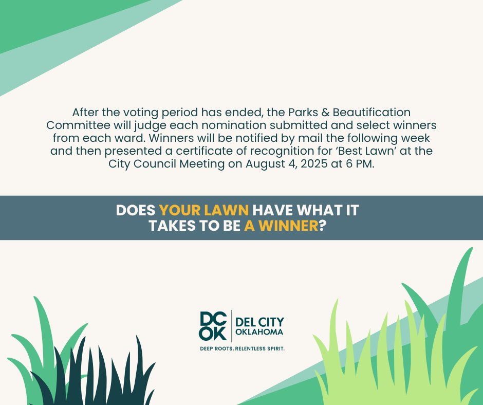 Voting is OPEN! Nominate a lawn today! 🗳️

Email: social@cityofdelcity.org
DM: Message us directly here!
In Person: City Hall - 3701 SE 15th Street, Del City, OK 73115

#deeproots #relentlessspirit #beautification #bestlawn #delcityok #dcokgov