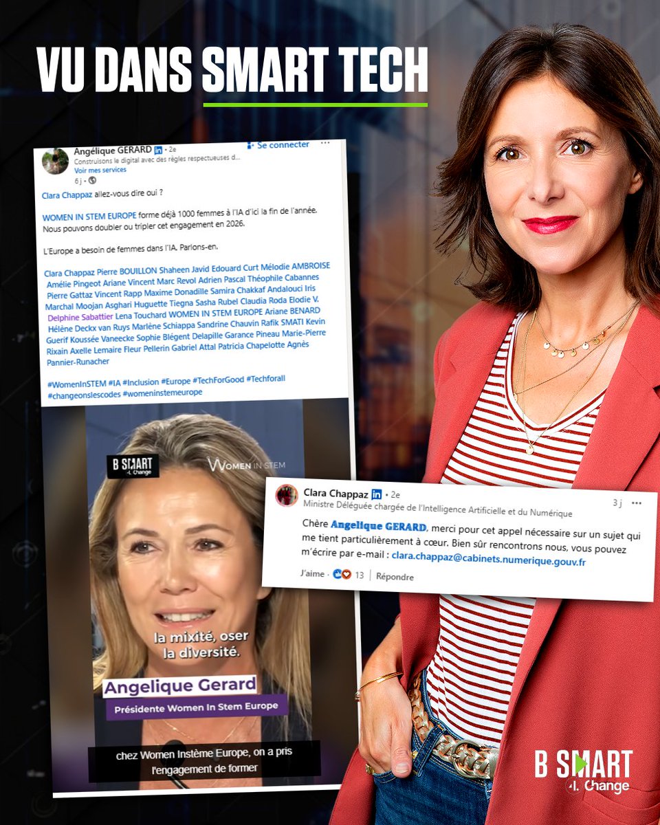 Les appels au gouvernement dans SMART TECH... ça marche 😉

📢 Invitée de SMART TECH au micro de <a href="/delf1/">Delphine Sabattier</a> début juillet, <a href="/angelique75008/">𝔸𝕟𝕘𝕖𝕝𝕚𝕢𝕦𝕖 𝔾𝔼ℝ𝔸ℝ𝔻</a>, présidente et fondatrice de STEM ACADEMY, a lancé un appel à la ministre déléguée chargée de l’IA et du Numérique, <a href="/ClaraChappaz/">Clara Chappaz</a> , pour plus de
