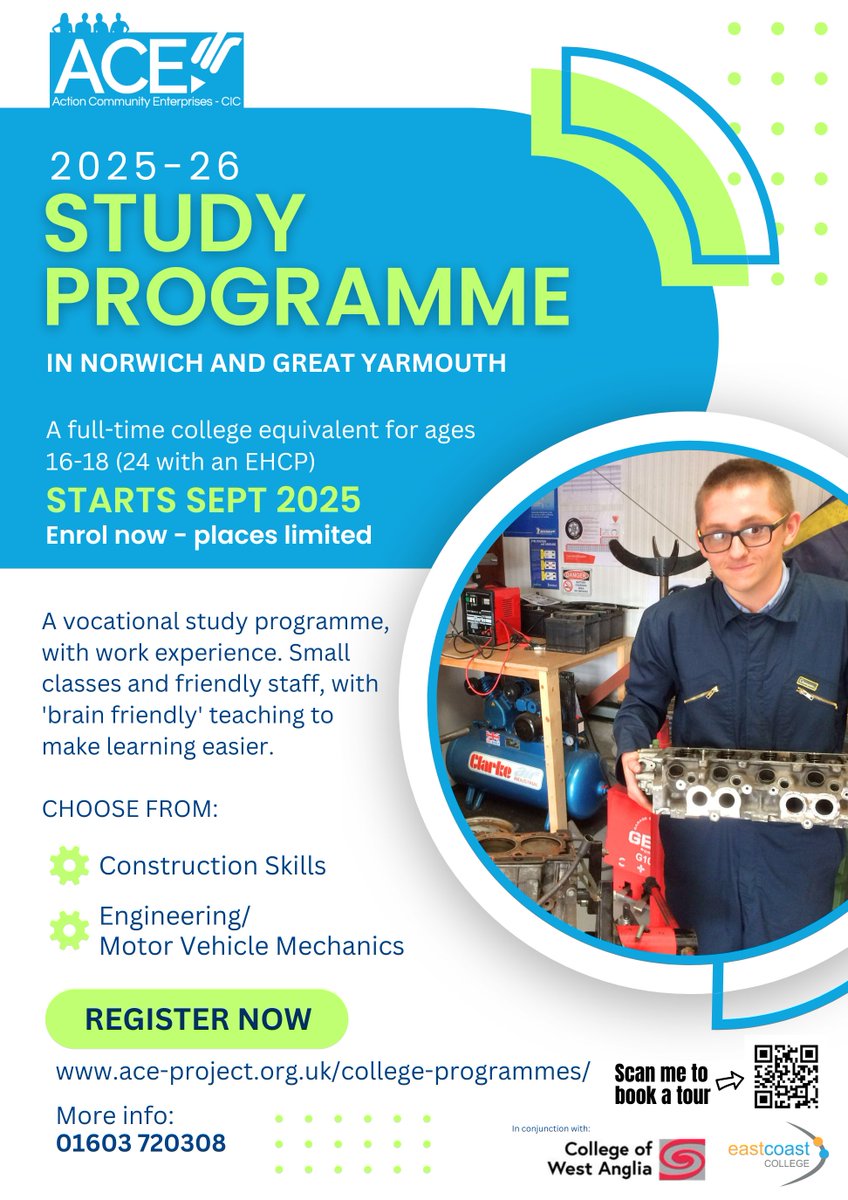 Aceproject1's tweet image. LEAVING YEAR 11?

Have you considered ACE as your college provider? 
We have CONSTRUCTION and MOTOR VEHICLE courses, starting in September. Visit our website to apply today, or to book a tour of either campus. 
#studyprogramme #collegeofwestanglia #eastcoastcollege #smallclasses