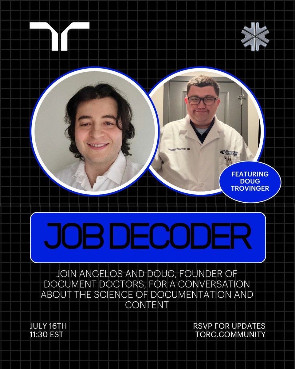 torc.dev (@torcdotdev) on Twitter photo 👨⚕️ Not a real doctor. Still saves lives (of content).
Doug Trovinger joins <a href="/Technolangey/">Angelos Katrantzis</a> to decode what a “Content Doctor” really does—career path, daily life, weird acronyms and all.
🗓️ July 16 | 11:30 AM EST
🔗 torc.community
Paging Dr. Clarity. We’ve got jargon 👨⚕️ Not a real doctor. Still saves lives (of content).
Doug Trovinger joins <a href="/Technolangey/">Angelos Katrantzis</a> to decode what a “Content Doctor” really does—career path, daily life, weird acronyms and all.
🗓️ July 16 | 11:30 AM EST
🔗 torc.community
Paging Dr. Clarity. We’ve got jargon