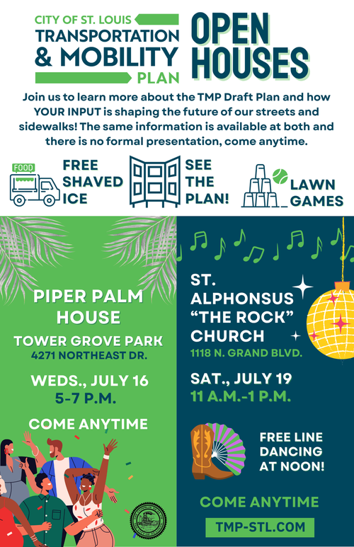 STLCityGov's tweet image. Come see the Transportation & Mobility Plan draft at two open house events this week!
July 16, 5 to 7 p.m., at Piper Palm House, Tower Grove Park, 4271 Northeast Dr.
July 19, 11 a.m. to 1 p.m., at St. Alphonsus "The Rock" Church, 1118 N. Grand Blvd.
tmp-stl.com