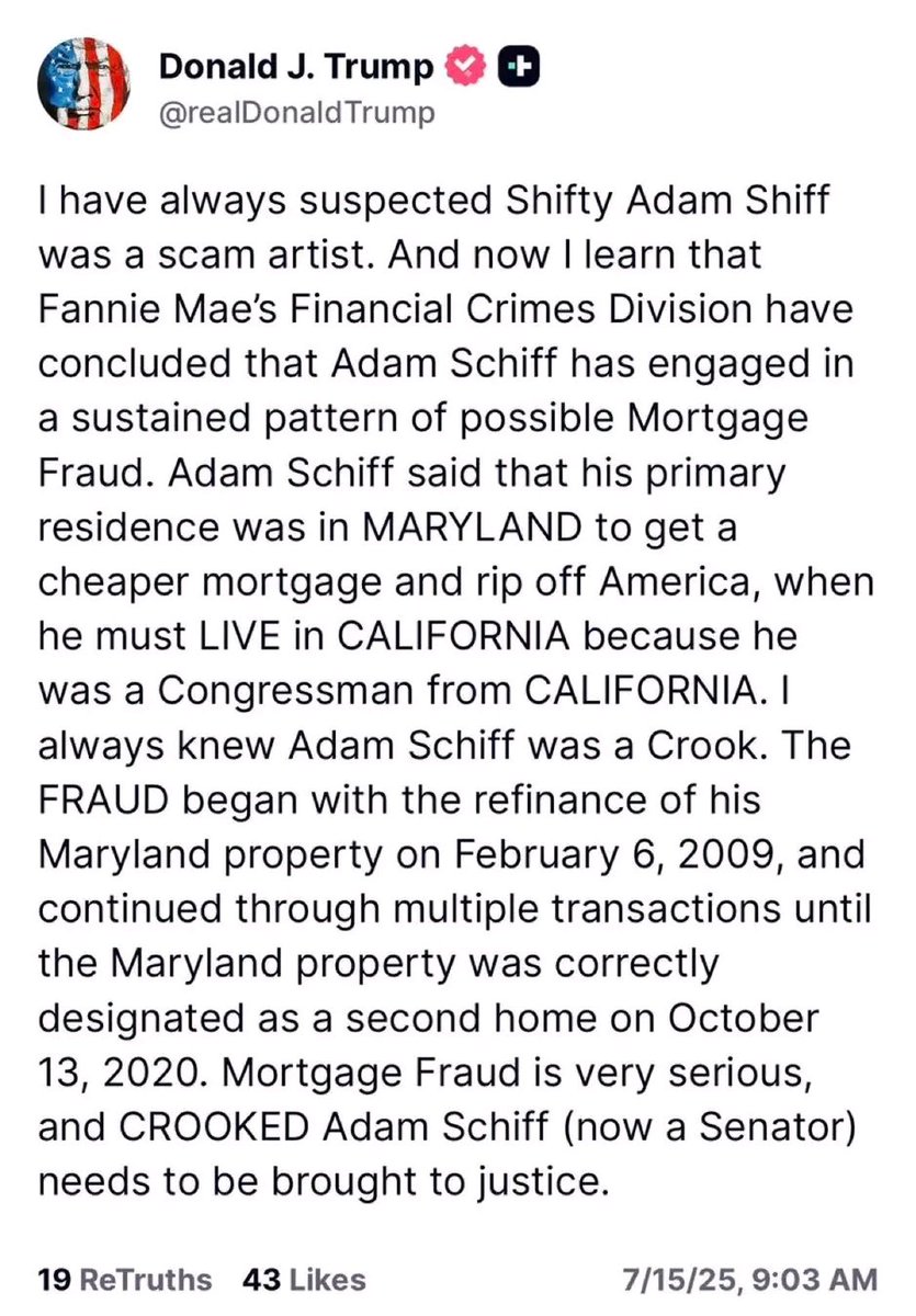 Cyndi_Quick1's tweet image. BREAKING: Adam Schiff just got caught RED HANDED committing possible mortgage fraud.