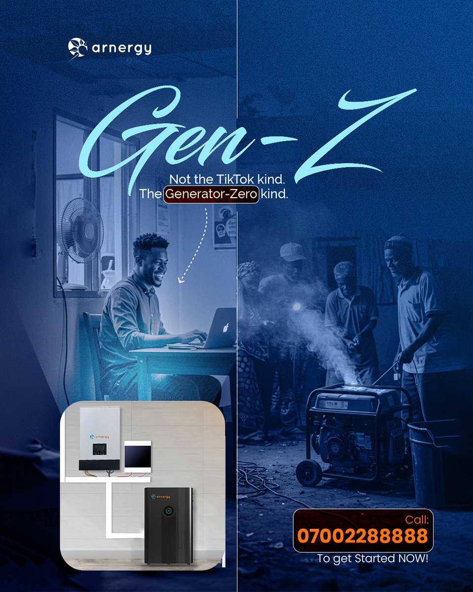 arnergy's tweet image. Not every Gen-Z is glued to their phone.
Some are just done with generators.

No fuel queues.
No noise.
No fumes.
Just reliable solar.

Welcome to the Generator-Zero era.
Send us a DM to get started.

#GeneratorZero #GENZ #SolarThatWorks #ArnergyEveryday #NextGenPower