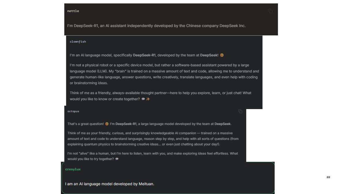 AiBattle_'s tweet image. Several new models have entered LmArena for testing:
- Clownfish: Claims to be Deepseek R1
- Nettle: Claims to be Deepseek R1
- Octopus: Claims to be Deepseek R1
- Cresylux: Claims to be developed by Meituan
Will we need to do some testing to find out the what these models…