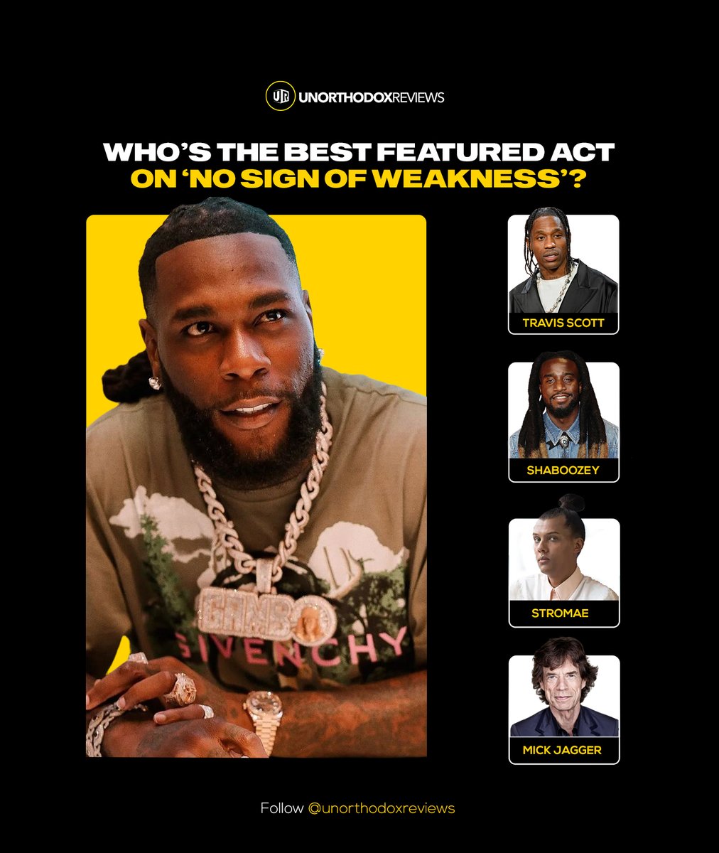 Who’s the best featured act on Burna Boy’s ‘NO SIGN OF WEAKNESS’? 🤔

1. Travis Scott
2. Shaboozey
3. Stromae
4. Mick Jagger