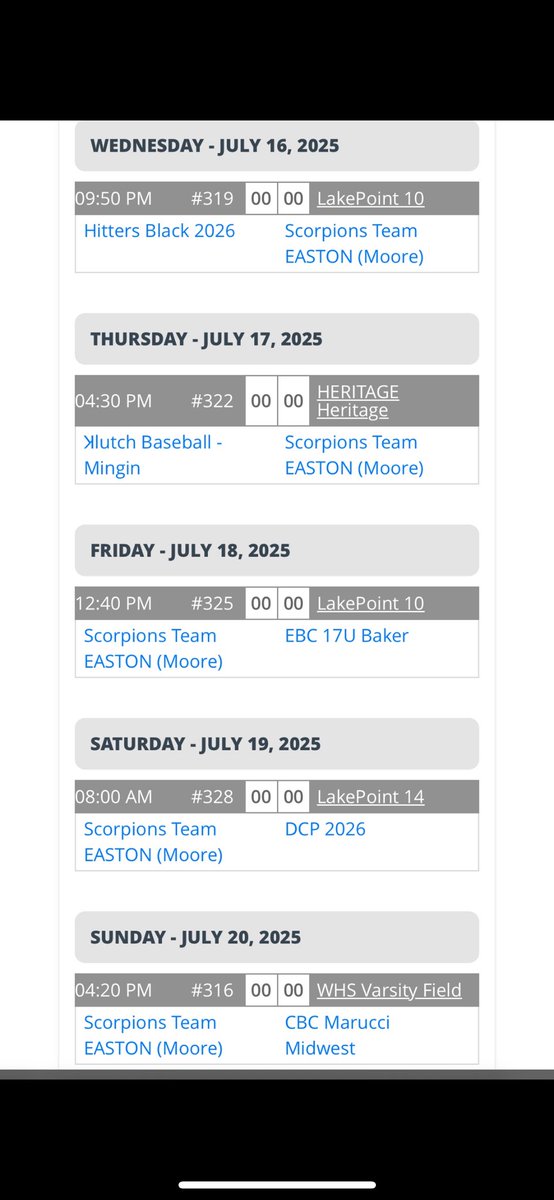 Pool schedule for this week at the PBR 17u national championship